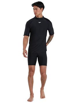 Speedo Short Sleeve Swim Tee - Black, Black, Size S, Men