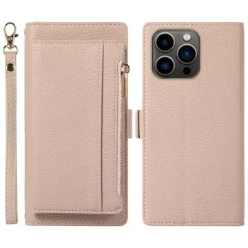 iPhone 14 Pro Max 2-in-1 Magnetic Wallet Case with Zipper - Apricot