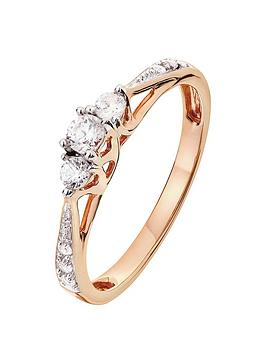Love Diamond 9Ct Rose Gold 0.25Ct Three-Stone Diamond Ring With Heart Detail On Shank