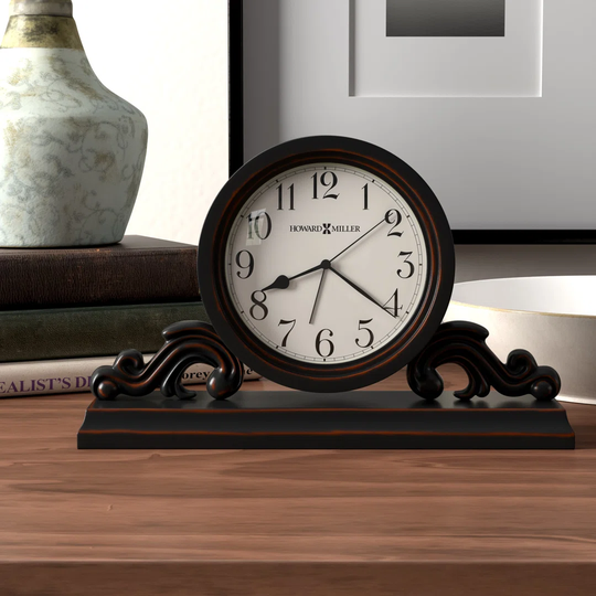 Bishop Traditional Analog Wood Quartz Alarm Tabletop Clock in Worn Black