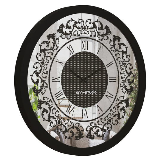 Wall Clock Mirrored Contemporary Black Glamour Bling Modern Luxury Crystal Diamond Rhinestone Glam Floral Round Large Statement Home Decor