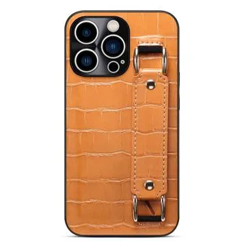 iPhone 14 Pro Coated Case with Hand Strap & Card Slot - Crocodile - Brown