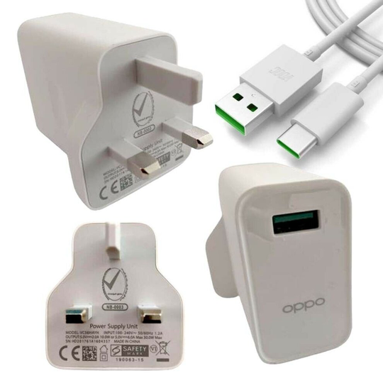 (Adapter & Cable) Original Oppo VOOC 30Watt Rapid Fast 3 Pin UK Charger USB-C Cable