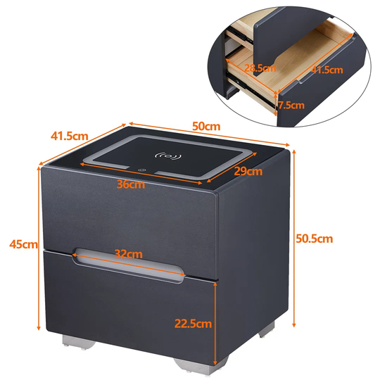 Bedside Table, Smart Night Stand With Wireless Charger, 3 Color Touch Control LED Light, Chest Of 2 Drawer, White-2