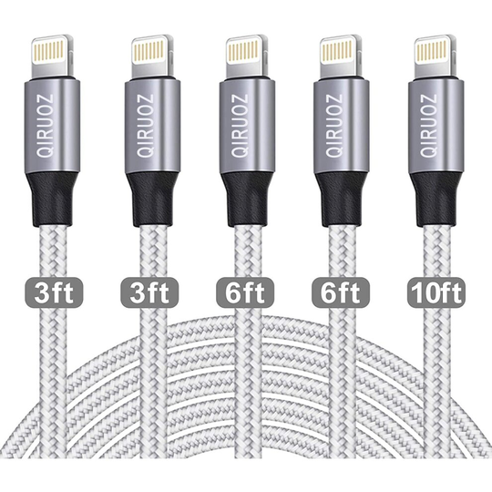 iPhone Charger [Apple MFi Certified] QIRUOZ 5Pack(3/3/6/6/10FT) Compatible iPhone 12Pro Max/12Pro/12/11/Pro/Xs Max/X/8 and More-Silver&White