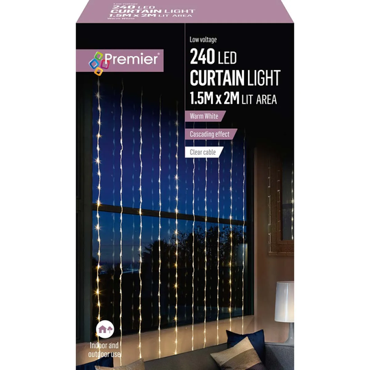 Premier Decorations 240 Waterfall Curtain Light Warm White LEDs