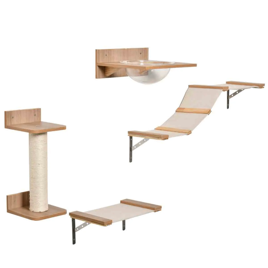 Pawhut Cat Tree 4Pcs Wall-mounted Shelf Set & Climbing Frame w/ Activity Center - Brown