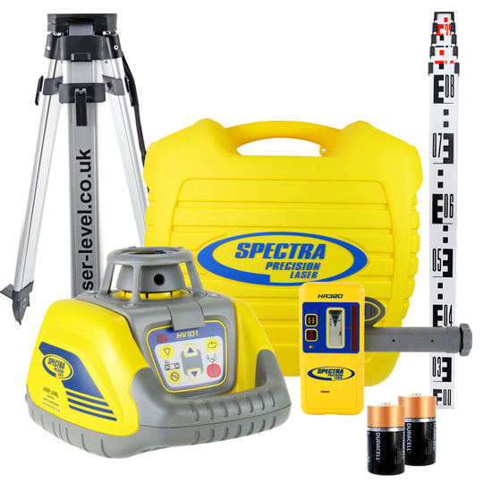 Spectra Precision HV101 Laser Level Kit HR320 Detector Tripod & Staff