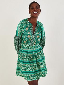 Monsoon Floral Border Print Tiered Short Dress