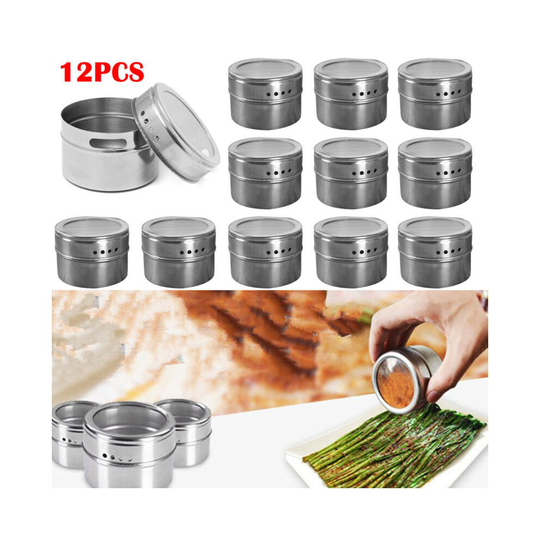 12pcs Magnetic Stainless Steel Spice Pot Herb Tin Jar Storage Holder