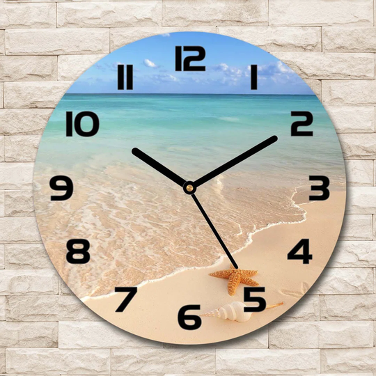 Glass Wall Clock 30Cm Round Decoration Picture Wall Art Modern Decoration Kitchen Living Room Silent - Starfish On The Beach,23665929