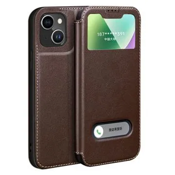 Dual View iPhone 14 Flip Leather Case - Brown