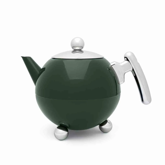 Bredemeijer Teapot Double Wall Bella Ronde Design 1.2L In Dark Green With Chrome Fittings