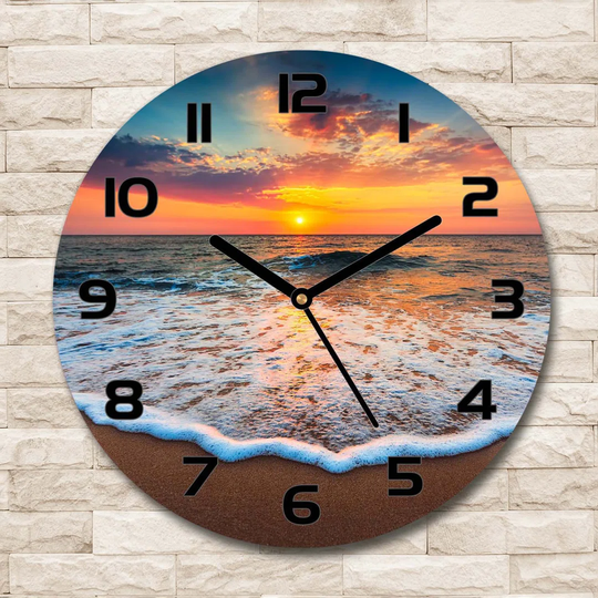 Glass Wall Clock 30Cm Round Decoration Picture Wall Art Modern Decoration Kitchen Living Room Silent - Sunset By The Sea,121064813