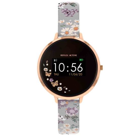 Reflex Active Series 3 Smart Watch With Colour Screen Crown Navigation And Up To 7 Day Battery Life - Round Polished Rose Gold Case With Grey Floral Strap Design