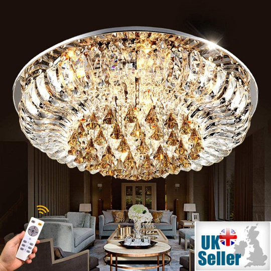 (Champagne, 50cm) Geniune K9 Crystal LED Round Flush Ceiling Light Chandelier 3 Colours + Bluetooth Speakers + Remote Control