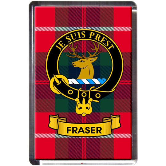 Fraser Tartan Fridge Magnet with Scottish Clan Crest on Clear Acrylic Rectangular Base