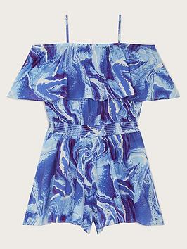 Monsoon Girls S.E.W. Storm Marble Frill Culotte Playsuit - Blue