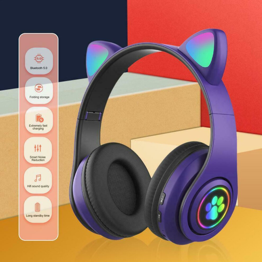 (Purple) Wireless Cat Ear Headphones Bluetooth Headset LED Lights Earphone For Kids Gift