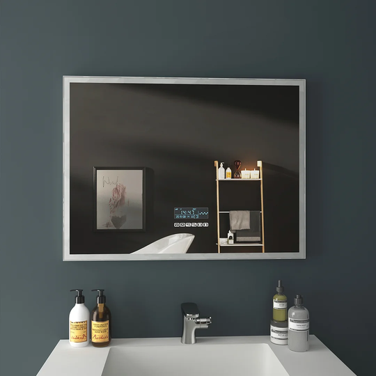 Bathroom Mirror With Lighting, Fog Free Light Mirror Wall Mirror 80X60 Cm Led Bathroom Mirror With Touch, Clock, Bluetooth, Dimmable Led Bathroom Mirr