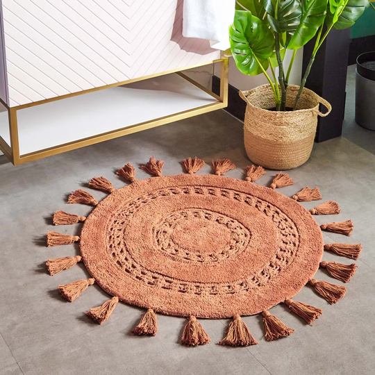 The Linen Yard Circle Tassel Woven Cotton Anti-slip Bath Mat Pecan