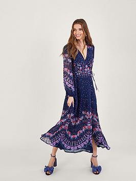 Monsoon Talitha Sustainable Print Wrap Dress, Navy, Size 8, Women