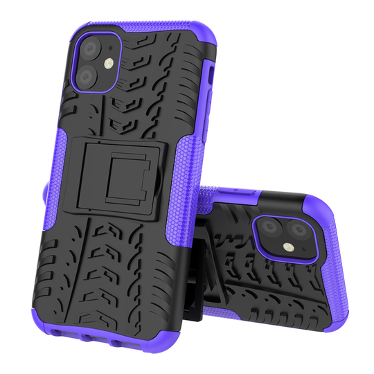 (Purple) Slim Armour Shockproof Case Cover Stand + LCD Guard for Apple iPhone 11