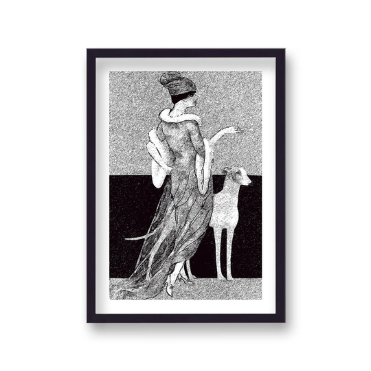 Vintage Fashionable Lady with Greyhound Charcoal by Vouvart - Picture Frame Graphic Art