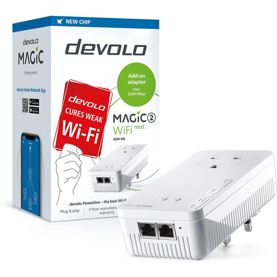 Devolo Magic 2-2400 Wi-Fi Next Add-on Powerline adapter, Mesh Wi-Fi, 4k/ 8k UHD Streaming and Stable Home Working (Up to 2400 Mbps Powerline, 2x Gb