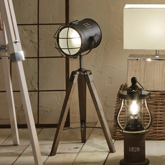 Grey Metal Antique Wood Marine Tripod Table Lamp