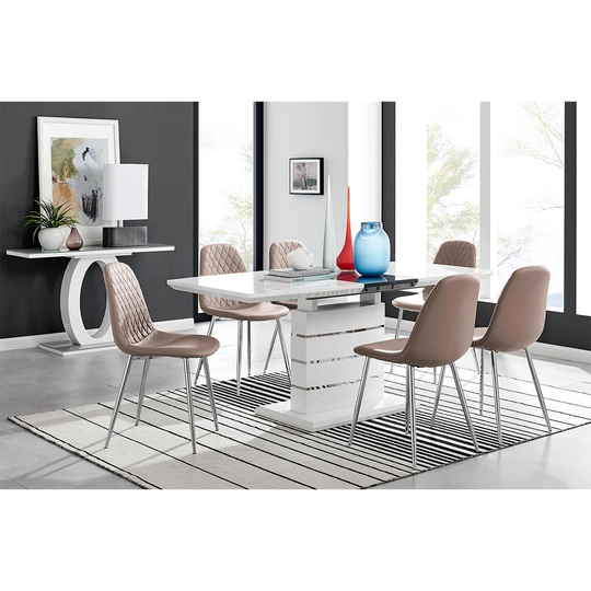 Furniture Box Renato High Gloss Extending Dining Table and 6 x Cappuccino Corona Silver Leg Chairs