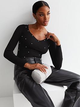 New Look Black Ribbed Knit Faux Pearl Long Sleeve Bodysuit