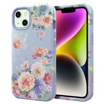 Stylish Gradient iPhone 14 Plus Hybrid Case - Flowers - Purple