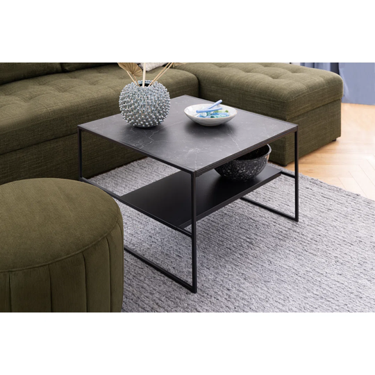 Infinity Coffee Table Black Marble Izmir Melamine, Base Matt Black Metal, Matt Black Metal Shelf