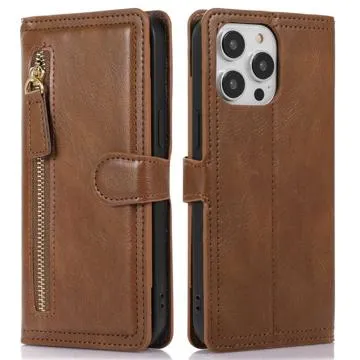 Zipper Pocket iPhone 14 Pro Wallet Case - Brown