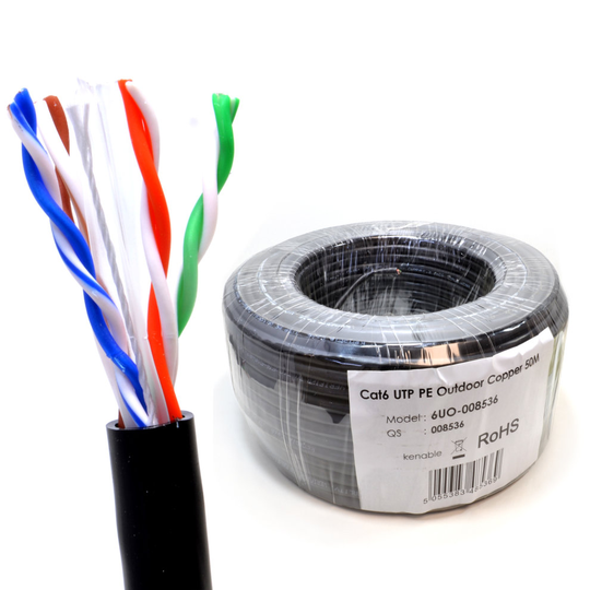 kenable External CAT6 Outdoor Use COPPER Ethernet Network Cable Reel UTP 50m Black