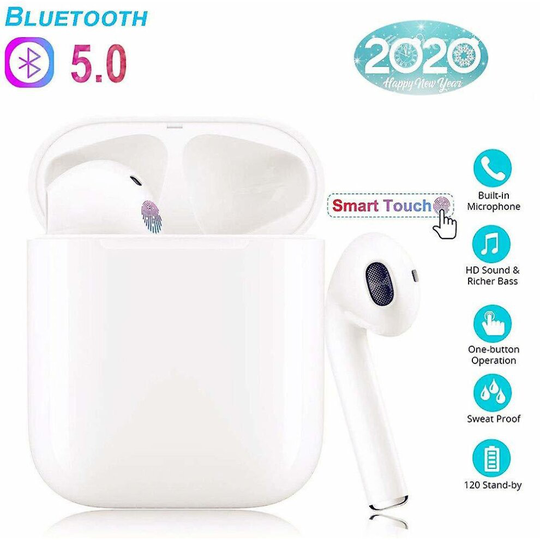 Bluetooth 5.0 Headsets TWS I12 Wireless Headsets Auto Pairing Touch Earbuds In-Ear Headphones for Most Android and iOS Devices Earbuds-White