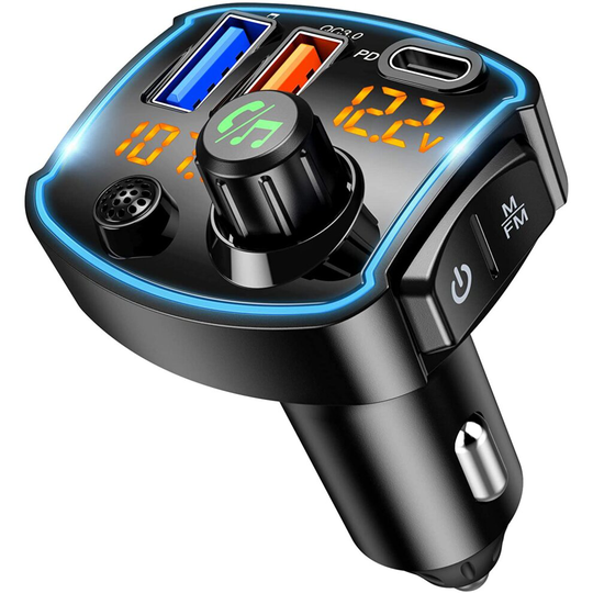 Criacr V5.0 Bluetooth FM Transmitter for Car, QC3.0+Type-C PD 18W USB C Fast Charger, LED Backlit Wireless Bluetooth FM