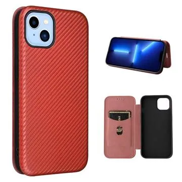 iPhone 14 Plus Flip Case - Carbon Fiber - Brown