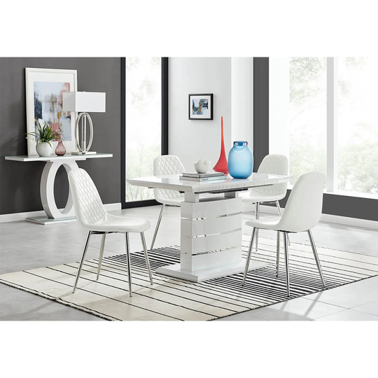 Furniture Box Renato 120cm High Gloss Extending Dining Table and 4 x White Corona Silver Leg Chairs