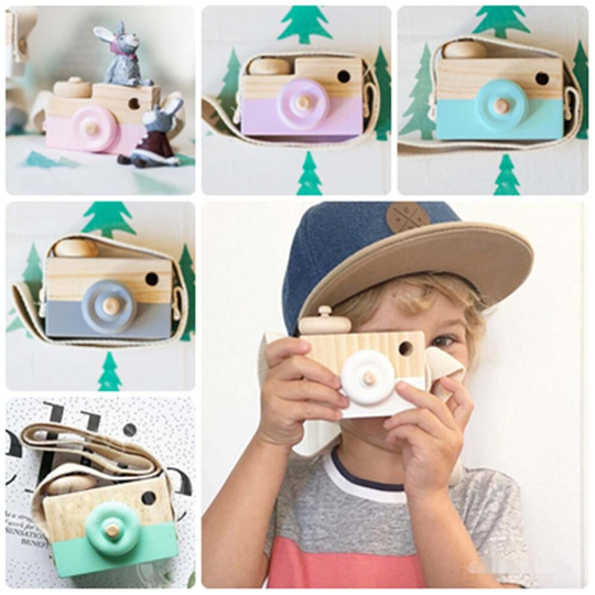 (Pink) Wood Camera Toy Children Room Decor Natural Safe Wooden Fun Toys