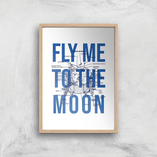 Fly Me To The Moon Blue Print Art Print - A4 - Wooden Frame