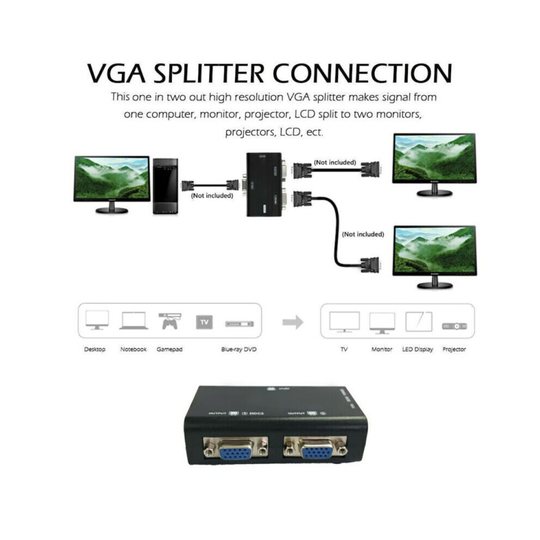 2 Ports VGA Splitter SVGA Video LCD Splitter Box Adapter for PC LCD TV Projector