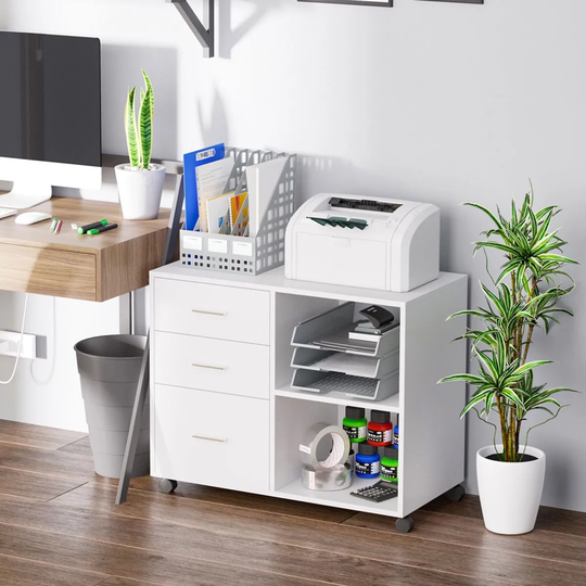 HOMCOM Freestanding Office Storage Cabinet With 3 Drawers 2 Shelves 4 Wheels White