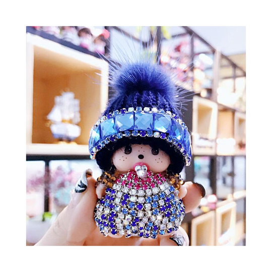(Blue) Crystal Hat Monchichi Pompom Keychain Keyring Charm Pendant Purse Bag Key Chain