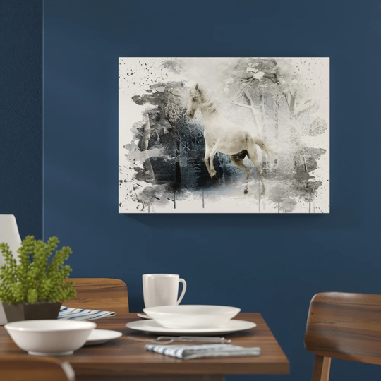 'White Horse Snowy Forest' Graphic Art Print Poster
