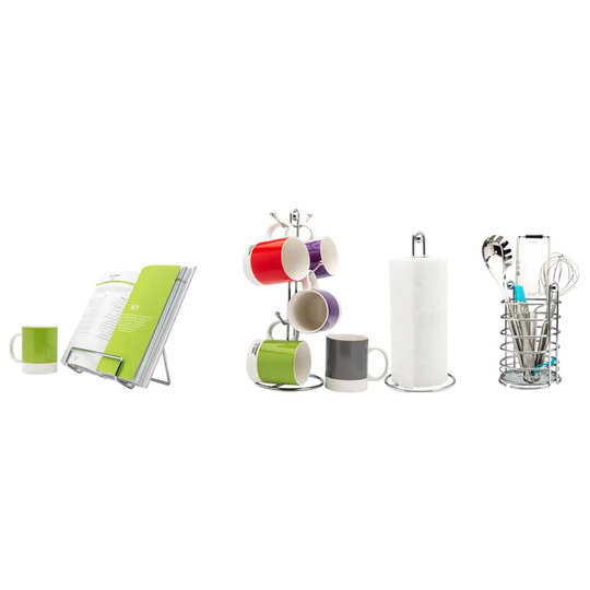 Hahn ORB 4 Piece Set: Mug Tree Kitchen Roll Holder Utensil Holder & Cookbook/Tablet stand - Chrome