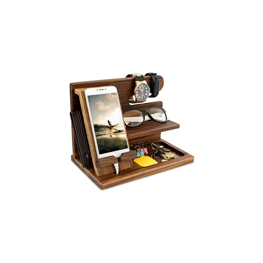 TESLYAR Wood Phone Docking Station Key Holder Wallet Stand Watch Organizer Men Husband Wife Anniversary Dad Birthday Nightstand Purse Father Grad