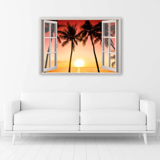 Canvas Print Window View Palm Trees Sunset