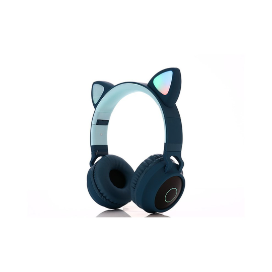 (Blue Cat Ear with Microphone) Bluetooth Headphones,LED Light Wireless Foldable